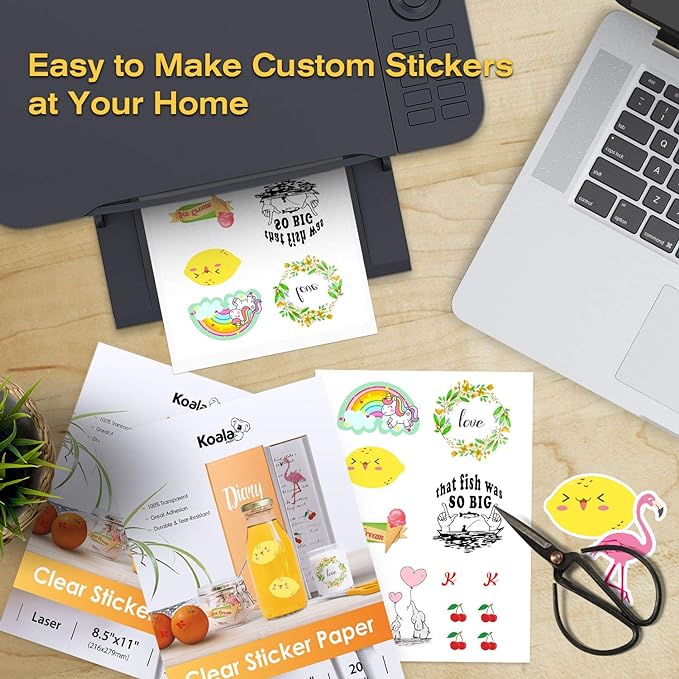 Koala Printable Clear Sticker Paper - ONLY for LASER Printer - 8.5x11 Inch 20 Sheets Full Sheet 100% Transparent Label Paper for DIY Personalized Decals, Labels