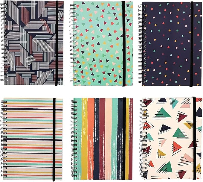 Paper Junkie 6 Pack 5x7 Spiral Notebooks with Pocket - Small Lined Journals with Elastic Closure for School, Work (6 Designs)