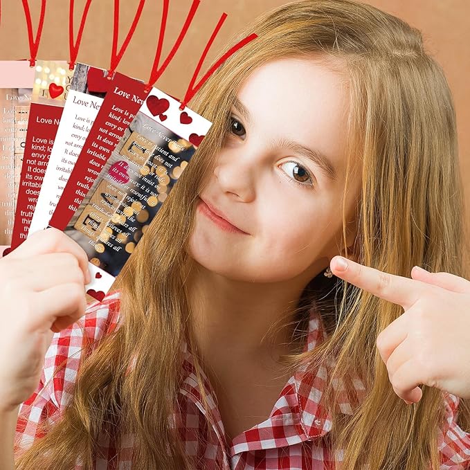 60 Pcs Love Never Fails Bookmark Valentine's Day Bookmarks Red Heart Valentines Day Exchange Gifts for Valentine's Party Favors