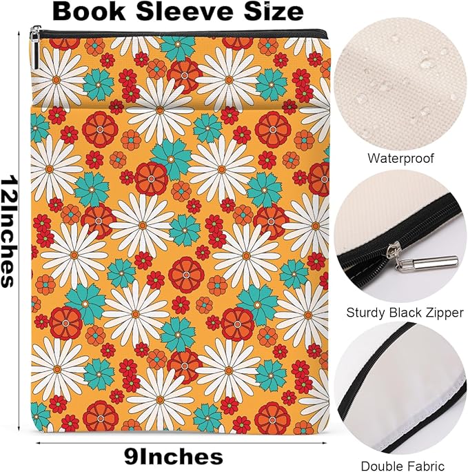 Retro Floral Daisy Pattern Book Lovers Gifts Waterproof Book Sleeve Book Pouch Book Protector with Zipper and Front Pocket BookCover Case for Women Friend Mom Grandma Book Accessories Book Club Gifts