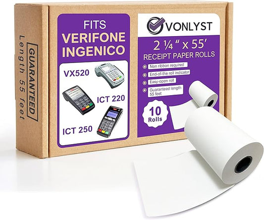 Thermal Paper Roll 2 1/4 X 55 for Verifone Vx520 Ingenico ICT220 ICT250 FD400 (10 rolls)