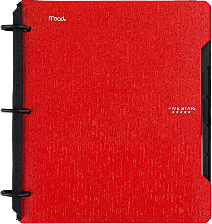 Five Star Flex Refillable Notebook + Study App, College Ruled Paper, 1 Inch TechLock Rings, Pockets, Tabs and Dividers, 200 Sheet Capacity, Red (29328AB2)