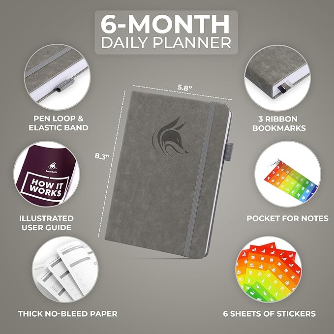 Clever Fox Daily Planner – Undated Planning Notebook with Hourly Schedule & to-Do List – Personal Day Task & Work Organizer, 6 Months (Gray)