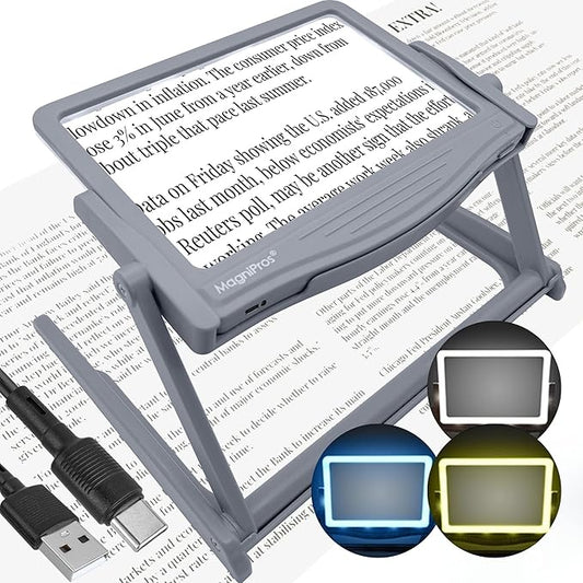 MAGNIPROS 5X [Rechargeable] LED Page Magnifier | 3 Stepless Color Light Modes | Foldable & Detachable HandsFree Stand for Easy Reading Fine Print & Crafting | Perfect for Low Vision, Seniors, Hobbyist