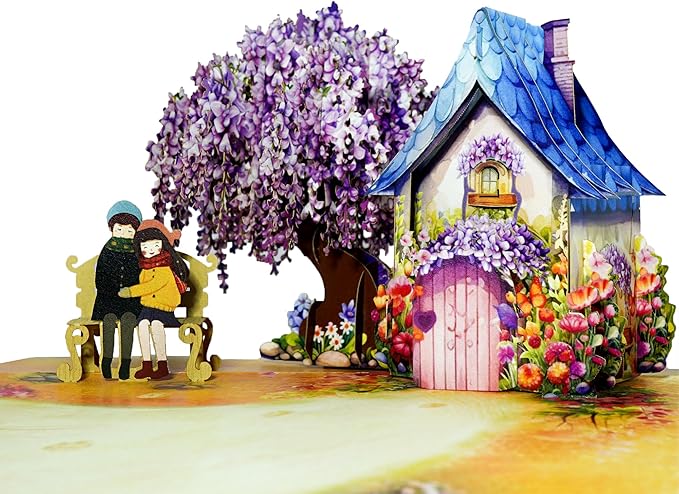 Romantic Couple with Flowering Wisteria and Charming Homestead Design, Valentines Pop Up Cards, Happy Anniversary Pop Up Cards - Perfect Handmade Present for Girlfriend, Wife or Couple