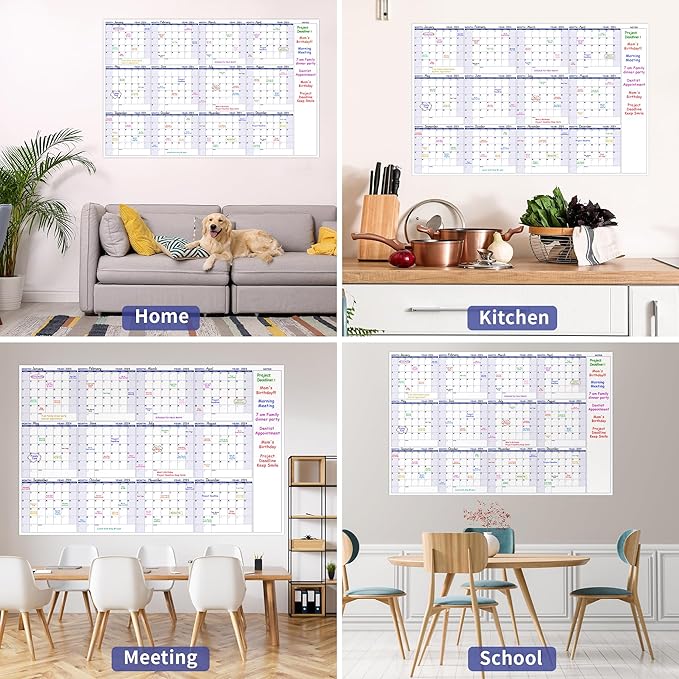 Large Dry Erase Calendar – Yearly Wall Calendar Dry Erase, 57.9" x 37", 12-Month Undated Calendar, Reusable Laminated with 15 Stickers - Purple
