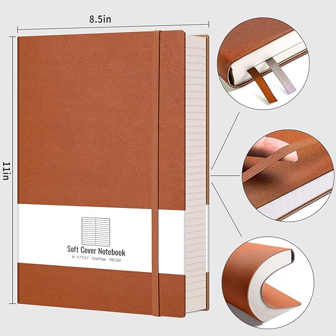 AHGXG A4 Notebook College Ruled - 320 Pages Large Journal for Women and Men, 8.5''×11'', Leather Softcover Thick Journal, 100gsm Thick Lined Paper - Brown
