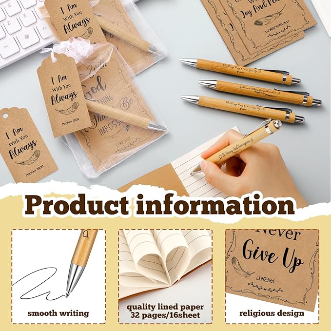 200 Pcs Bible Verse Sets Church Christian Gift Include 50 Scripture Notebooks 50 Bible Bamboo Pens 50 Thanks Tags 50 Organza Bags for Women Man Christian Party Gifts(Brown,Bible)
