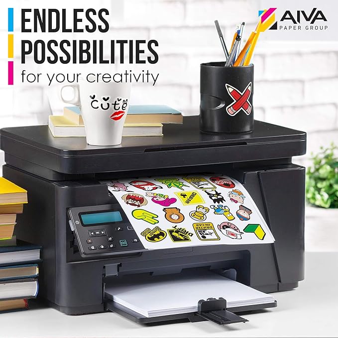 Printable Vinyl Sticker Paper for Laser Printer - Glossy White - 100 Self-Adhesive Sheets - Waterproof Decal Paper - Standard Letter Size 8.5"x11"