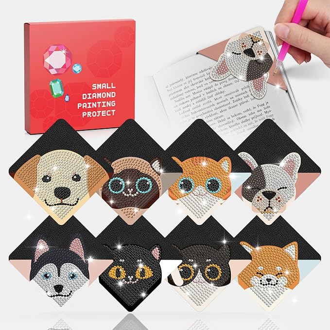 Diamond Art Bookmark Shape Rhinestone Bookmark Crystal DIY Diamond Drawing Bookmark Diamond Art by Number Embroidery Painting Bookmark for Arts Crafts Gift (Cats&Dogs 8)