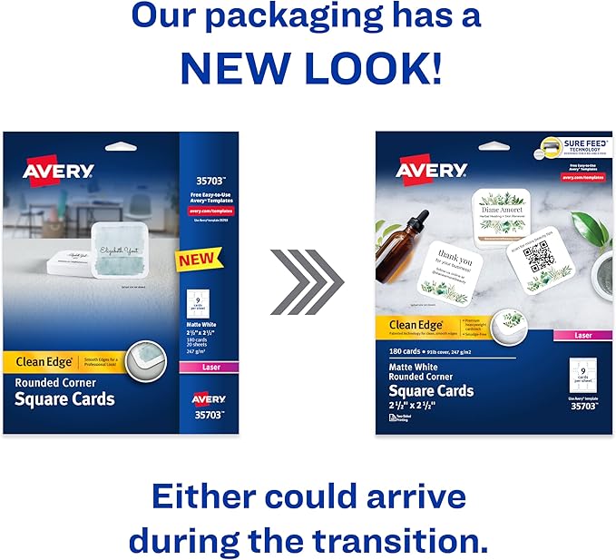 Avery Clean Edge Printable Square Cards with Sure Feed Technology, Rounded Corners, 2.5" x 2.5", White, 180 Blank Cards for Laser Printers (35703)