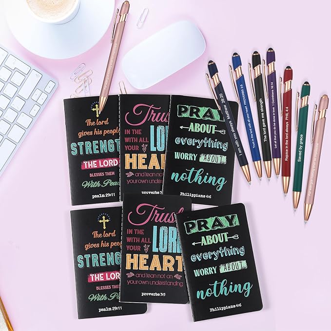 Funrous 32 Pcs Motivational Quote Pens Inspirational Notepads Mini Journal with Ballpoint Pen Small Notebooks Gift Set for Men Women Coworkers, Adult Party Favors Prizes Gift Bulk(Dark)