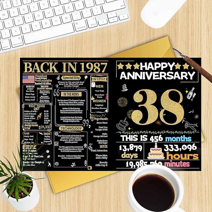 Joycard 38th Anniversary Card for Women Men, Gold Wedding Card for Wife Husband, Sweet Marriage Decorations Gifts for Couple, Perfect for Her Him on Anniversary Day, Back in 1987
