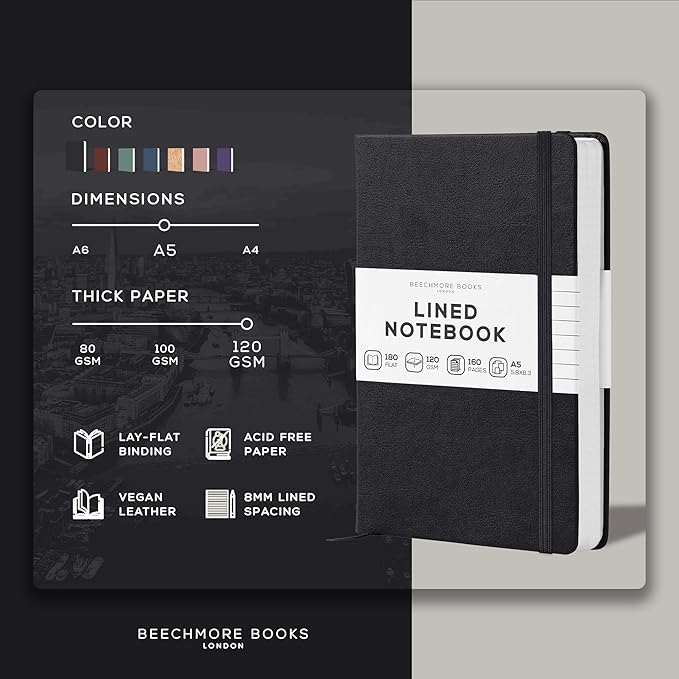BEECHMORE BOOKS Lined Journal Notebook, 5.8 x 8.3 inch, A5 160 Lined Pages, Hardcover Leather Journals for Women, Men, Writing and Notebooks for Work - 120 GSM Thick Paper, Gifts Box Included