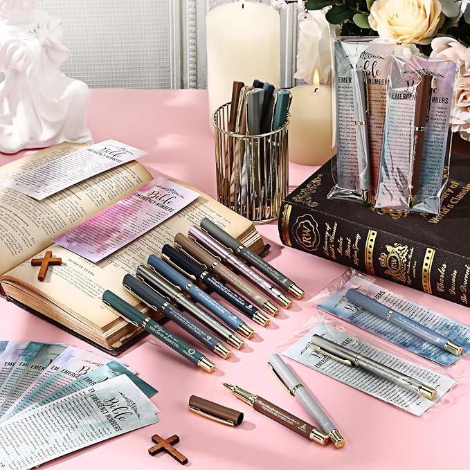25 Sets Christian Church Gifts,Bible Emergency Numbers Bookmarks and Bible Verse Neutral Gel Pens Bulk Religious Pens Bookmarks for Church Gifts Student Pastor Sunday School Favors