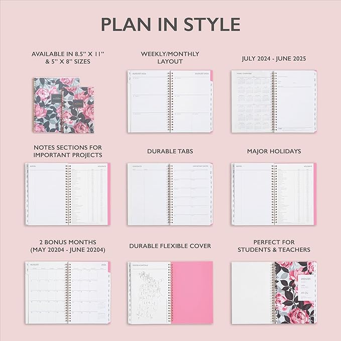 Blue Sky 2024-2025 Academic Year Weekly and Monthly Planner, July 2024 – June 2025, 5" x 8", Frosted Flexible Cover, Wirebound, Roosevelt Pink (150151)