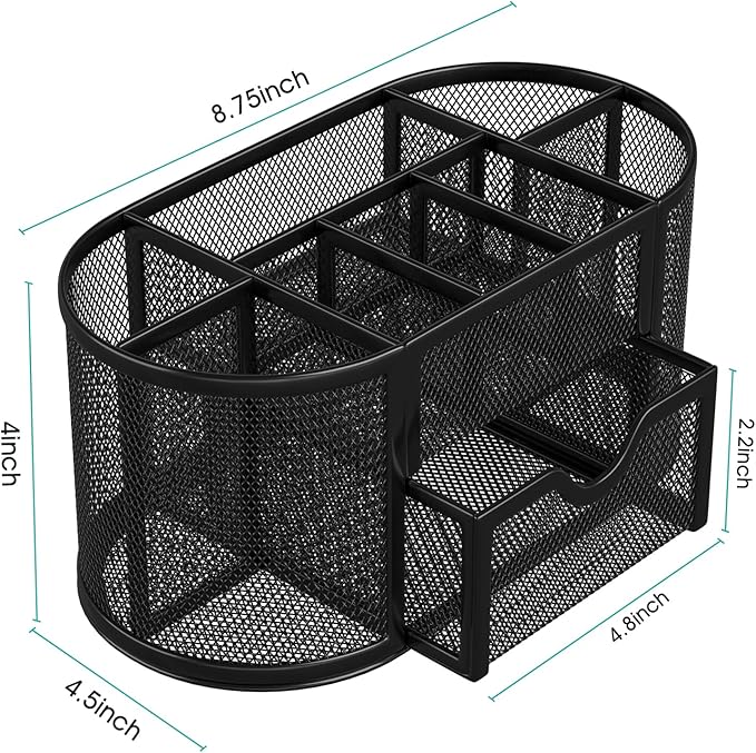 MaxGear Desk Organizer, Pencil Holder for Desk with Drawer, 9 Compartments, 8.75" x 4.5" x 4" Metal Mesh Stationary Organizer, Black Desk Caddy for Office, School & Home