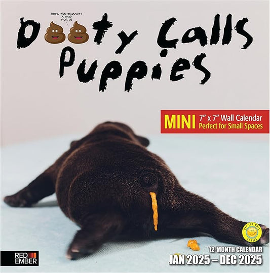 RED EMBER Dooty Calls Puppies Mini 2025 Wall Calendar 12 Month Funny Secret Dirty Santa White Elephant Yankee Swap | 7" x 14" Open | Thick & Sturdy Paper | Giftable | Calendar 2025