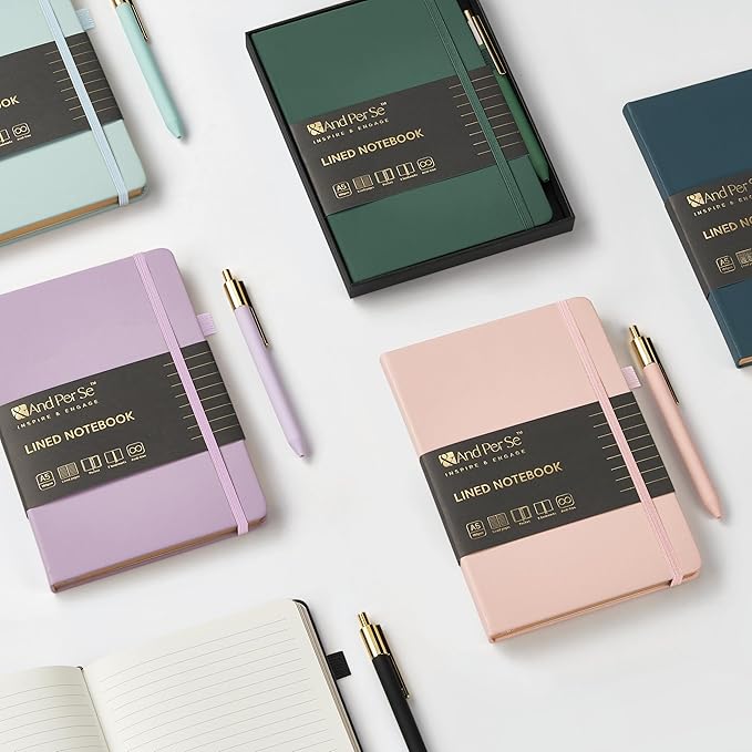 A5 Lined Leather Journal and Pen Set, Hardcover Notebook with Pen, 160 Pages 100gsm Thick Ruled Paper for Men Women, for Work, Business, School or Home Writing, 5.7'' x 8'', Gift Box Included (Pink)