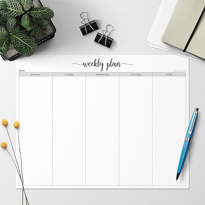 321Done Weekday Planning Notepad (8.5" x 11") Letter Size Large 50 Sheets for Work Week – Monday through Friday M-F Planner Weekly Days of Week Paper Memo Note Pad Organizing - Made in USA - Simple