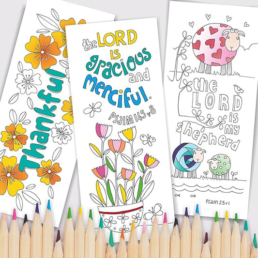 Christian Colouring Bookmarks, Psalms, Pack of 10 Different Designs, with Coloured Bible Verse on Reverse. Makes a Great Christian Gift for Adults or Children, by Just Cards Direct. (White/EPBM)