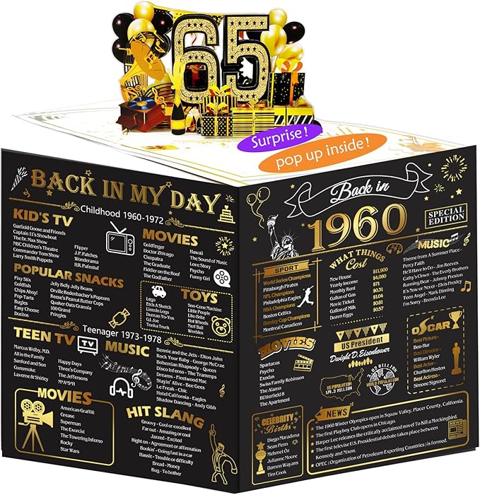65th Birthday Card for Men Women, 3D Pop Up 65th Birthday Gifts Cards for Him Her, Back In 1960 Funny 65 Year Old Birthday Decorations