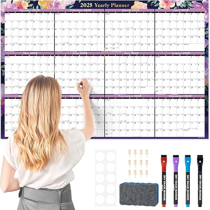 Ospelelf Dry Erase Wall Calendar 2025-2026 Large Laminated Calendar 32'' x 48'' Yearly Office Horizontal 24 Month Calendar, Use July 2025 - June 2026 (Floral)