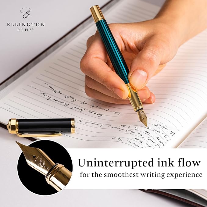 Luxury Fountain Pen Set- Fountain Pens for Writing - Smooth Medium Nib - Includes Refillable Ink Converter, 3 Ink Cartridges [Black & Blue], Gift Box - Elegant Calligraphy