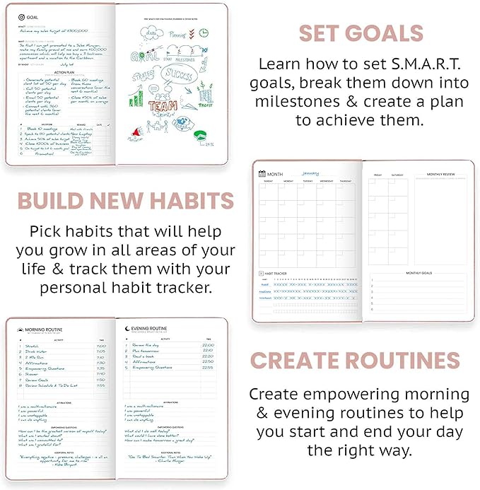 Pro - Goal Setting Planner to Increase Productivity and Achieve Personal and Business Goals. 12 Month Undated Daily, Weekly and Monthly Journal Organizer with Calendar (Rose Gold)