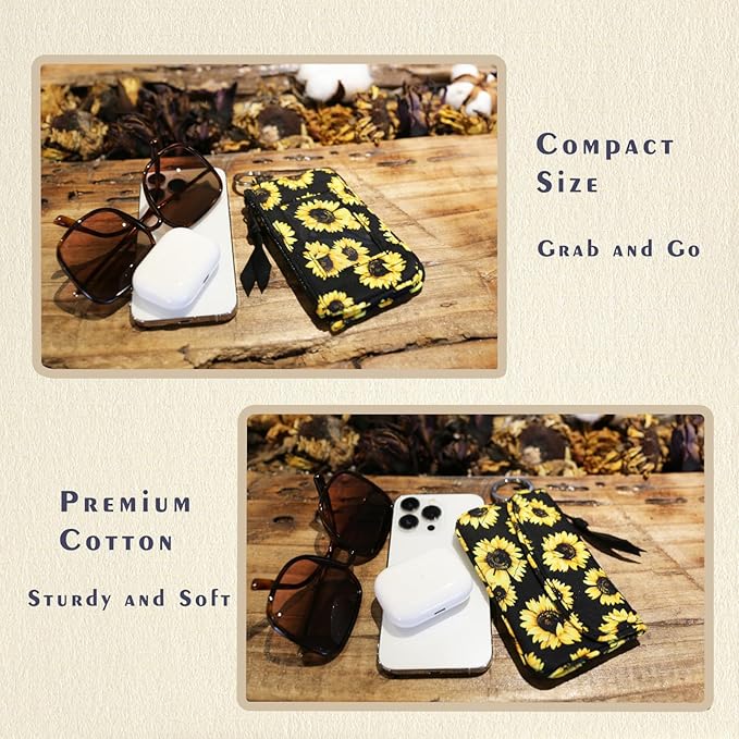 WONDERFUL FLOWER Card Holder, RFID Blocking, ID Holder with Lanyard for Women, Dual Pockets, Badge Holder, Lanyard Wallet, Fabric Keychain ID Pouch, Sunflowers