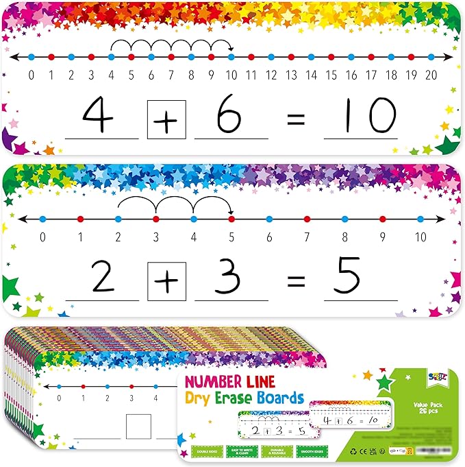 26 PCS Number Line Dry Erase Boards, Writable and Erasable Double Sided Board-0-10 on One Side & 0-20 on Other Side Math White Board for Kids, Students, Classroom and Home (12” x 4”, Colorful Stars)