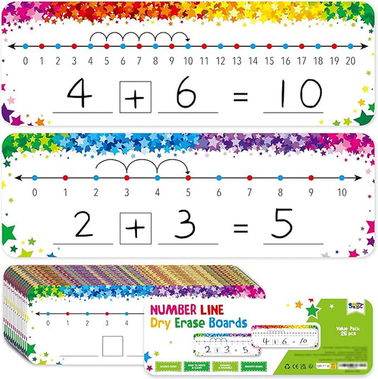 26 PCS Number Line Dry Erase Boards, Writable and Erasable Double Sided Board-0-10 on One Side & 0-20 on Other Side Math White Board for Kids, Students, Classroom and Home (12” x 4”, Colorful Stars)