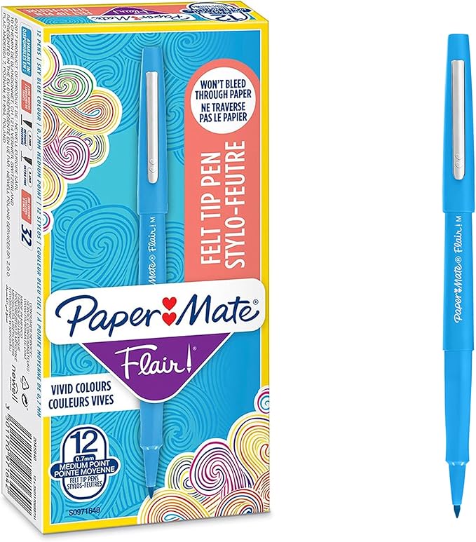 Paper Mate Flair Felt Tip Pens | Medium Point (0.7mm) | Sky Blue | 12 Count