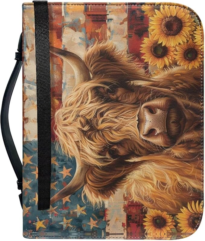 Lotusorchid American Flag Highland Sunflower Bible Covers for Women Waterproof Bible Bag Leather Men Bible Carrying Case Church Bag Bible Protective with Handle and Zippered Pocket