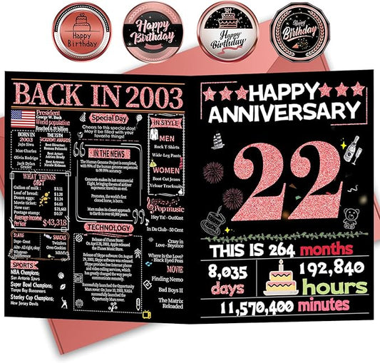 Joycard 22nd Anniversary Card for Women, Wedding Card for Wife, Sweet Marriage Decorations Gifts for Couple, Perfect for Her on Anniversary Day, Back in 2003