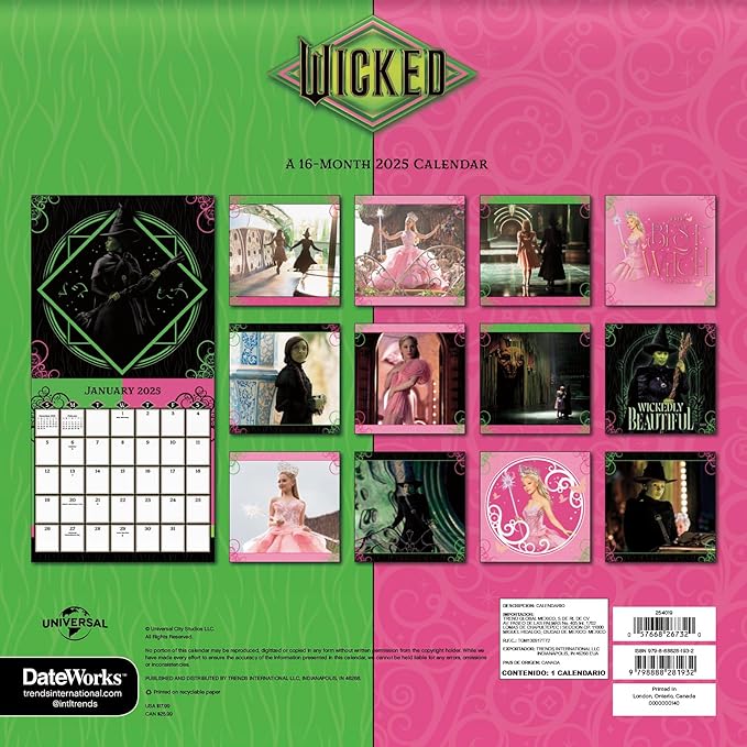 2025 Wicked Movie: Elphaba and Glinda Wall Calendar & Push Pins