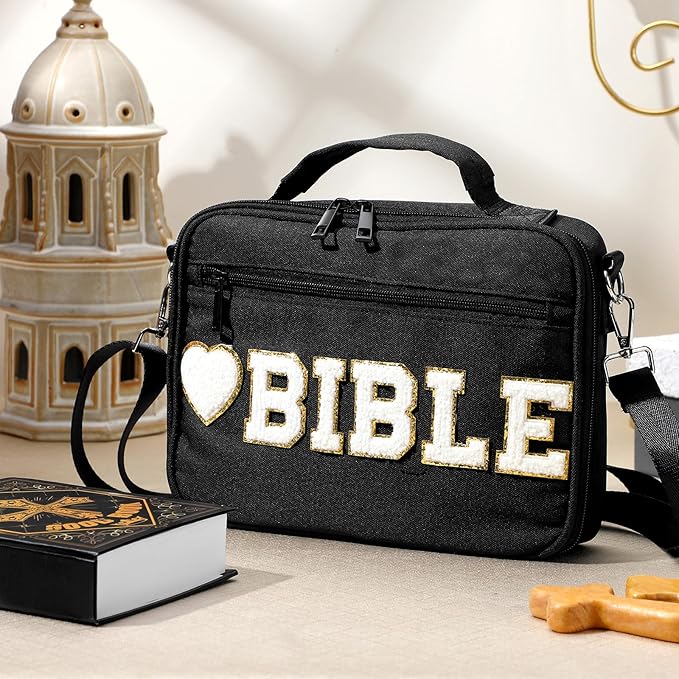 Silkfly Large Chenille Letter Bible Cover for Women Preppy Patch Bible Case Church Bible Bag with Handle(Black)