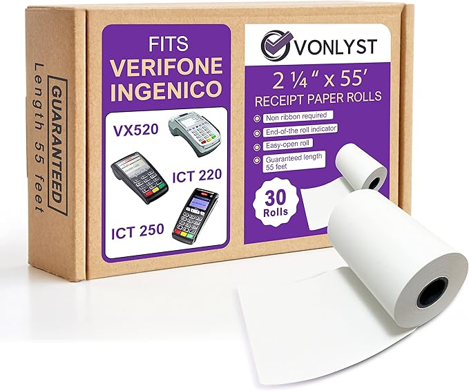 Thermal Paper Roll 2 1/4 x 55 for Verifone Vx520 Ingenico ICT220 ICT250 FD400 (30 rolls)