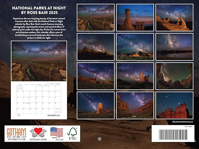 National Park At Night By Ross Bair Calendar 2025 Monthly Wall Calender Nature 12 Month | American Made In The USA