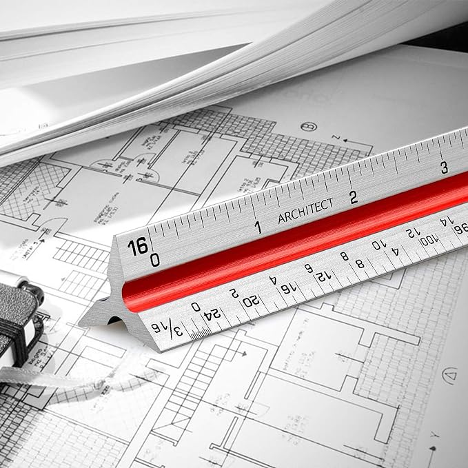 12" Architectural Scale Ruler Aluminum Architect Scale Triangular Scale Ruler for Architects, Draftsman, Students and Engineers, Color-Coded (1 Pack)