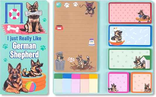 B1ykin Sticky Notes Set - Cartoon Theme Cute Self-Stick Notes Pad Teacher Appreciation Gifts， Self-Adhesive Writing Memo Pages Sticky to Do Notepad for Kids Employee School Office (German Shepherd)