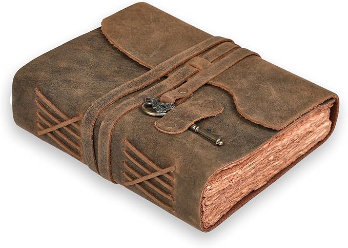 LEATHER VILLAGE Vintage Leather Journal – 200 Handmade Vintage Deckle Edge Paper – Leather bound Journal For Women Men – Vintage Key Closure - Book of Shadows - Chocolate Brown - 10X7 inches