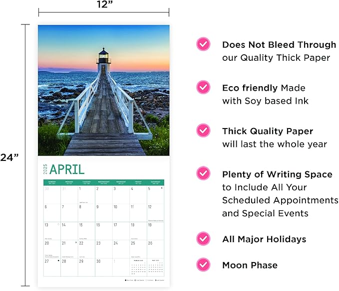 2025 Lighthouses Monthly Wall Calendar by Bright Day, Includes Over 300 Stickers, 12 x 12 Inch