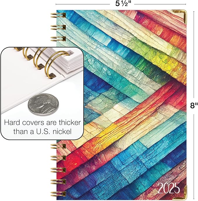 HARDCOVER 2025 Planner, 5.5"x8": 14 Months (November 2024 - December 2025), Daily Weekly Monthly Planner, Yearly Agenda, Bookmark, Pocket Folder and Sticky Note Set (Rainbow Oak)