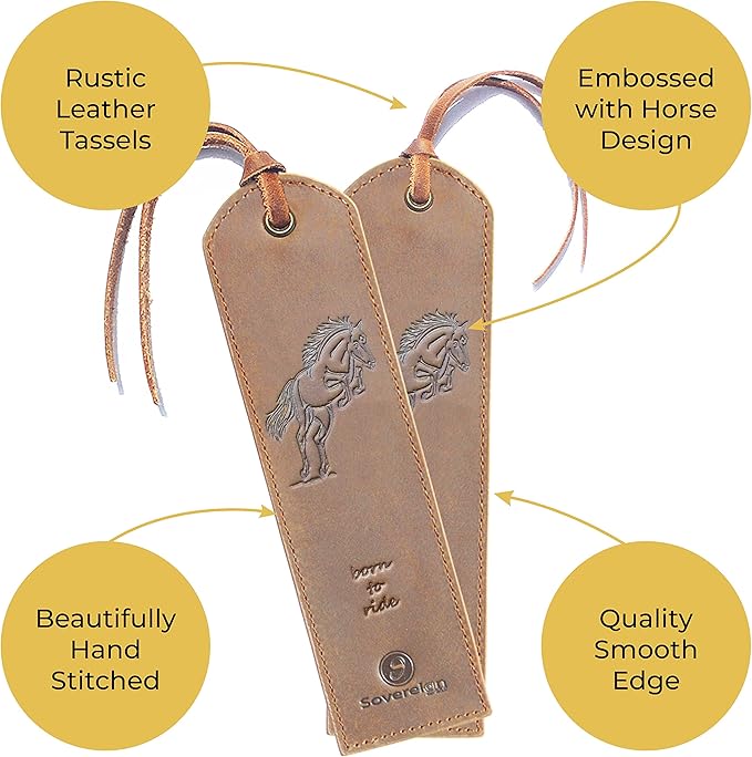 Leather Bookmarks for Men and Women | Quality Mens Bookmark with Jumping Horse | 2 Smooth Handmade Leather Book Markers for Men Women Book Lovers Readers (7x2) Leather Gift | Sovereign-Gear