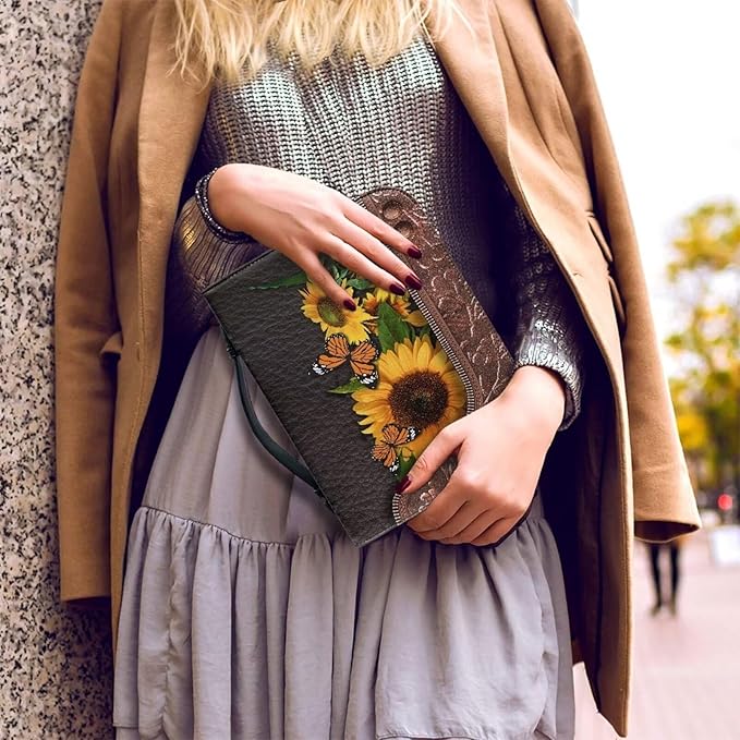 Lotusorchid Bible Covers for Women Men PU Leather Bible Case, Portable Sunflower Butterfly Bible Bag Tote Book Carrying Case Christian Bible Accessories with Handle Pocket, Brown,M