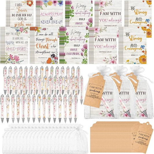 200 Pcs Bible Verse Sets Church Christian Gift Include 50 Scripture Notebooks 50 Bible Bamboo Pens 50 Thanks Tags 50 Organza Bags for Women Man Christian Party Gifts(White,Floral)
