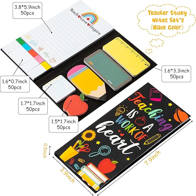 2 Pcak Teaching is A Work of Heart Sticky Notes Set - Blackboard Pencil Apple Self-Stick Note Pads Teacher Appreciation Gift Writing Memo Pads Page Marker Back to School Office Supplies (Black)