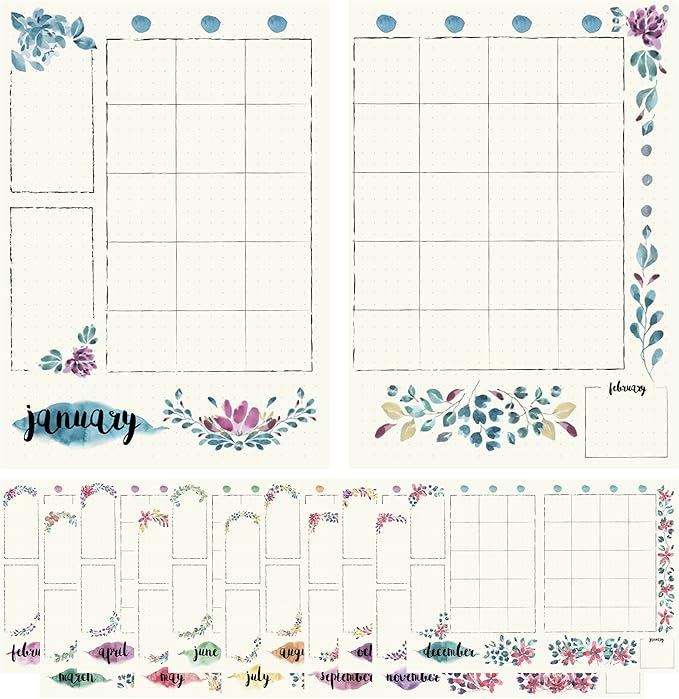 Undated Monthly Calendar Planner Stickers Compatible with A5 Bullet Dot Grid Journals (5.3 x 7.7") - 12-Month Calendars Cute Floral Illustrations, Flower Journal Supplies, Templates, Agenda Layouts
