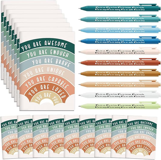 Janlaugh 200 Pcs Positive Affirmations Reminder Notepad Motivational Pen Positive Psychology Pocket Notebooks with Colored Ballpoint for Volunteer Week Mental Health Therapy Teacher Student Classroom